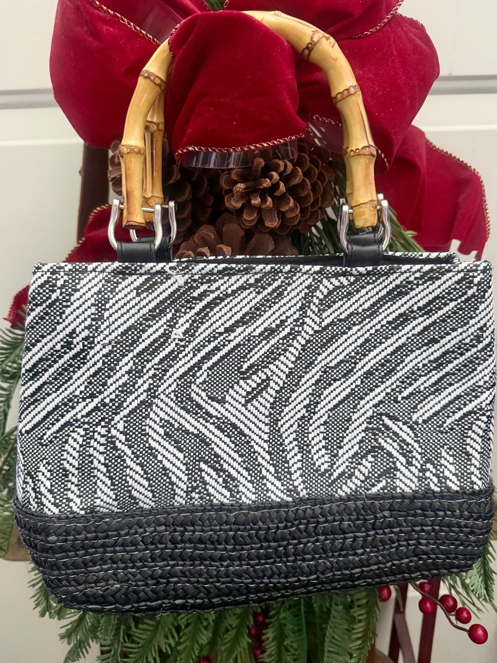 Woven Wheat Straw Zebra-Pattern Handbag with Bamboo Handles - Black & White